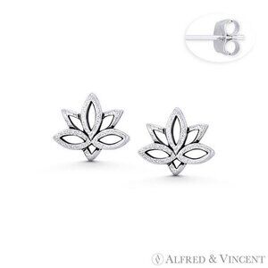 Lotus Flower Charm Stud Earrings in Oxidized .925 Sterling Silver
